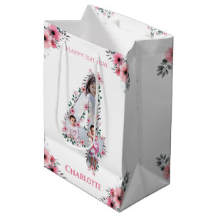 Big 4th Birthday Girl Foto Collage Pink Blume Mittlere Geschenktüte