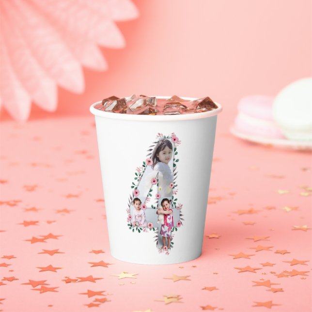 Big 4th Birthday Girl Foto Collage Pink Blume Pappbecher (Insitu)