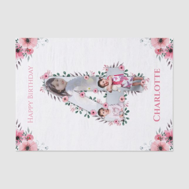 Big 4th Birthday Girl Foto Collage Pink Blume Seidenpapier (Vorderseite)