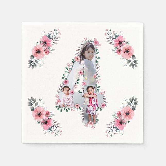 Big 4th Birthday Girl Foto Collage Pink Blume Serviette (Vorderseite)