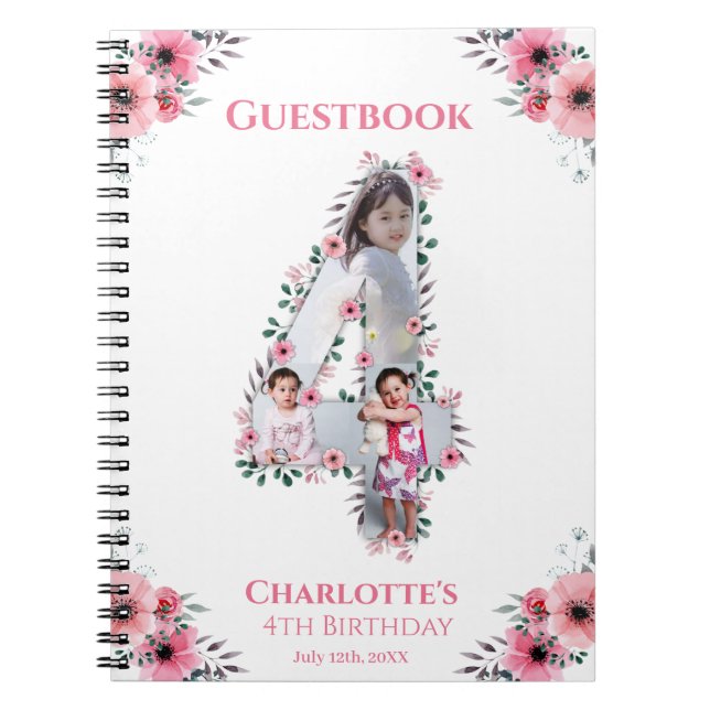 Big 4th Birthday Girl Foto Pink Blume Gästebuch Notizblock (Vorderseite)