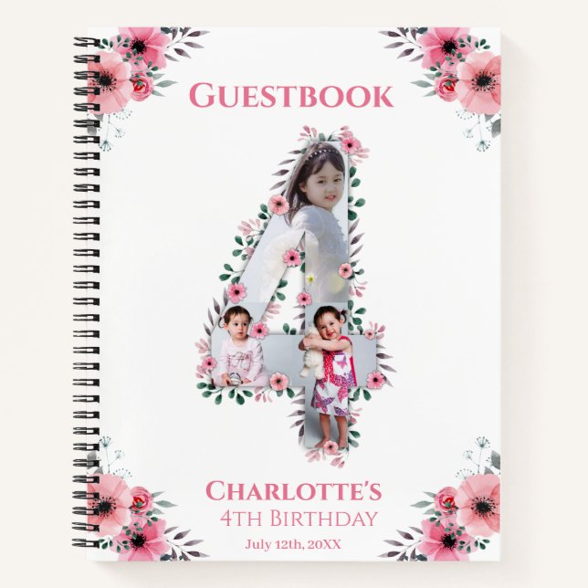 Big 4th Birthday Girl Foto Pink Blume Gästebuch Notizbuch (Vorderseite)