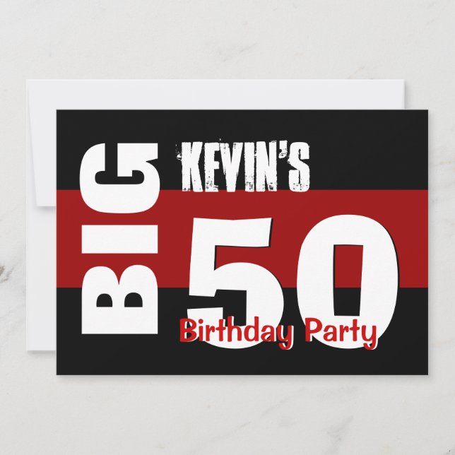 Big 50 Birthday Modern Red White Black W1709 Einladung (Vorderseite)