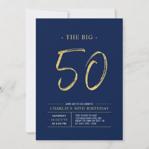 Big 50   Gold & Navy Blue 50. Geburtstagsparty Einladung
