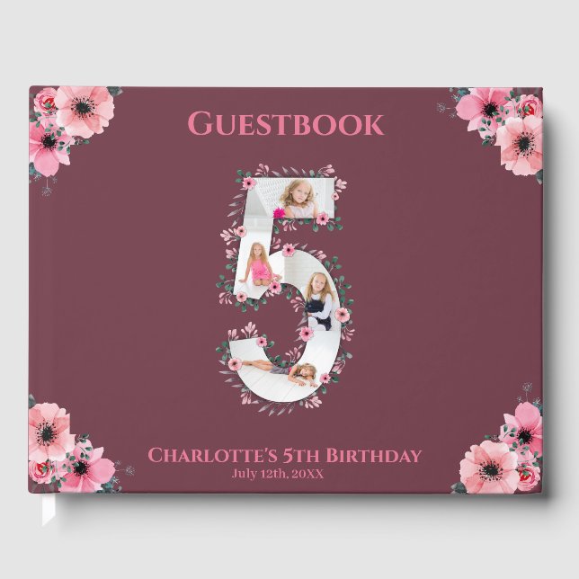 Big 5th Birthday Foto Collage Flower Girl Pink Gästebuch (Vorderseite)