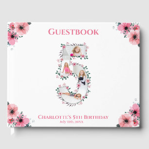 Big 5th Birthday Foto Collage Flower Girl Weiß Gästebuch