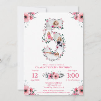 Big 5th Birthday Girl Foto Collage Pink Blume Einladung
