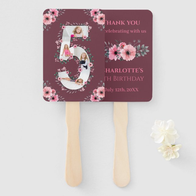 Big 5th Birthday Girl Foto Collage Pink Blume Fächer (Vorne und Hinten)