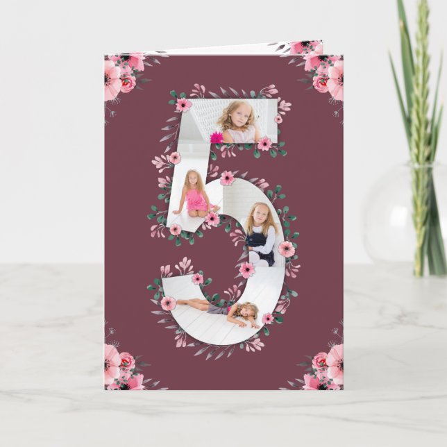 Big 5th Birthday Girl Foto Collage Pink Blume Karte (Vorderseite)
