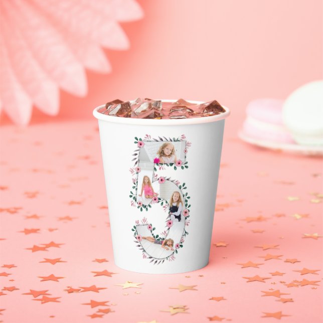 Big 5th Birthday Girl Foto Collage Pink Blume Pappbecher (Insitu)