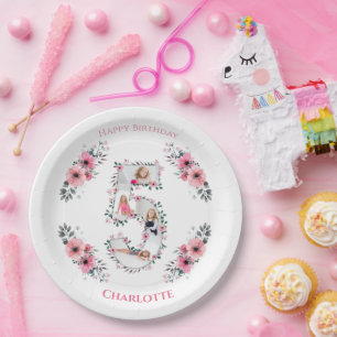 Big 5th Birthday Girl Foto Collage Pink Blume Pappteller