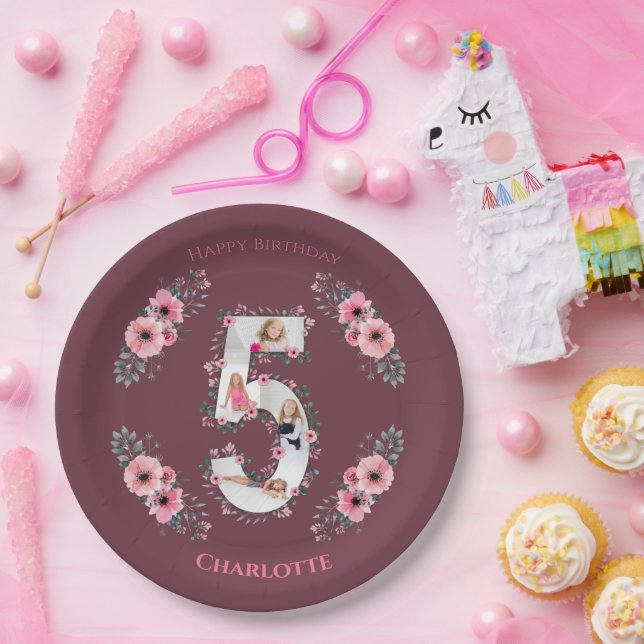 Big 5th Birthday Girl Foto Collage Pink Blume Pappteller (Party)
