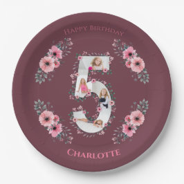 Big 5th Birthday Girl Foto Collage Pink Blume Pappteller