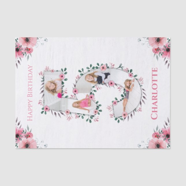 Big 5th Birthday Girl Foto Collage Pink Blume Seidenpapier (Vorderseite)
