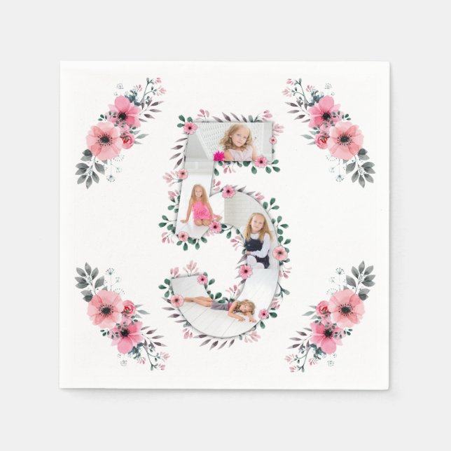 Big 5th Birthday Girl Foto Collage Pink Blume Serviette (Vorderseite)