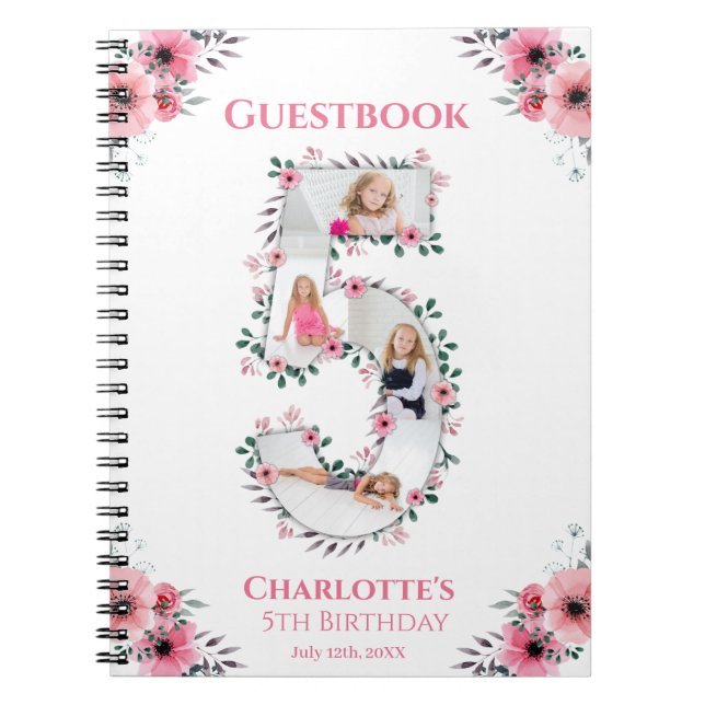 Big 5th Birthday Girl Foto Pink Blume Gästebuch Notizblock (Vorderseite)