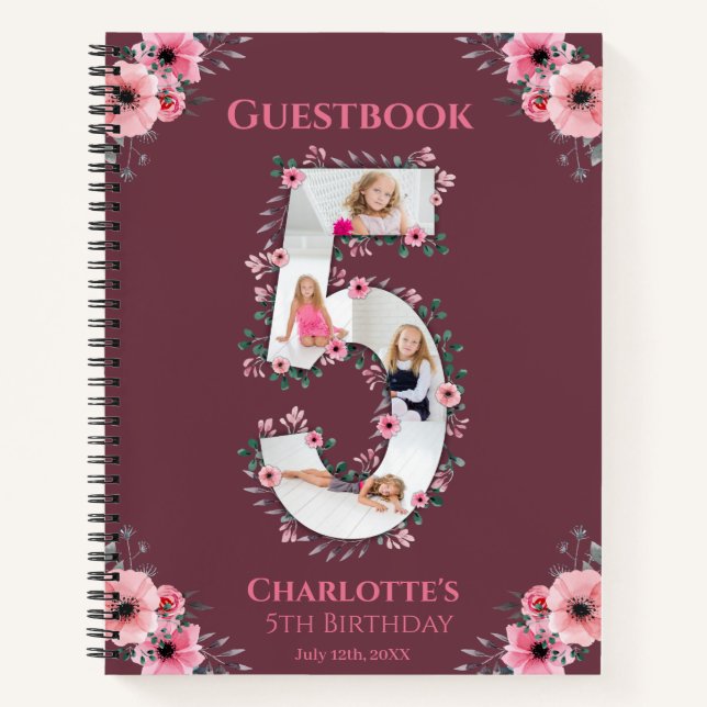 Big 5th Birthday Girl Foto Pink Blume Gästebuch Notizbuch (Vorderseite)
