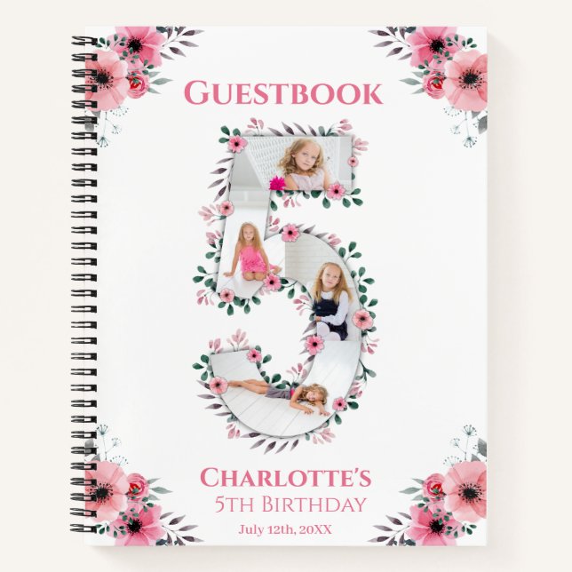 Big 5th Birthday Girl Foto Pink Blume Gästebuch Notizbuch (Vorderseite)