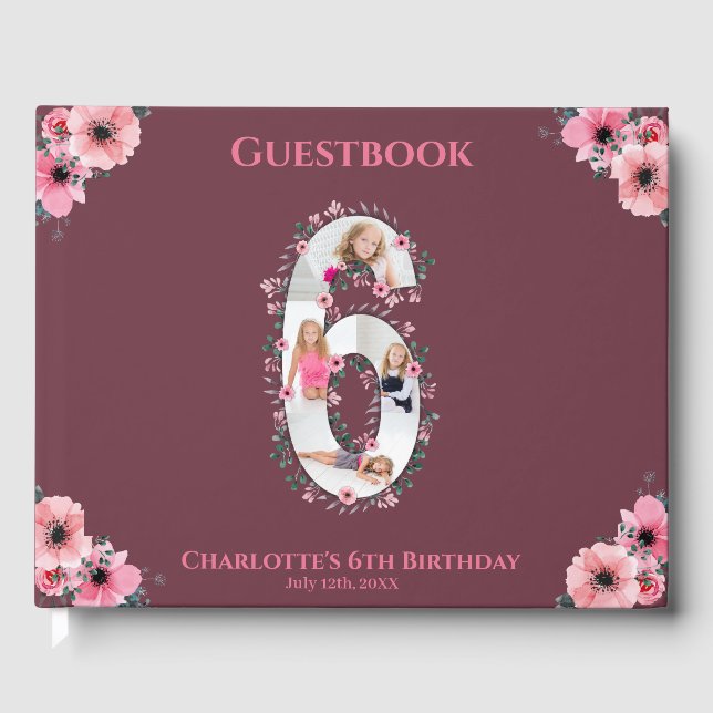 Big 6th Birthday Foto Collage Flower Girl Pink Gästebuch (Vorderseite)