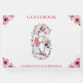 Big 6th Birthday Foto Collage Flower Girl White Gästebuch