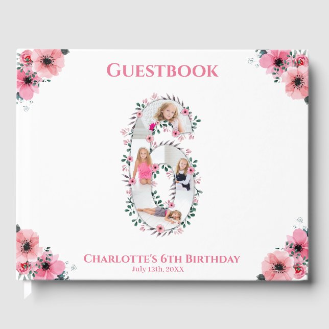 Big 6th Birthday Foto Collage Flower Girl White Gästebuch (Vorderseite)