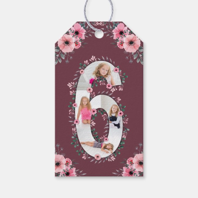 Big 6th Birthday Girl Foto Collage Pink Blume Geschenkanhänger (Vorderseite)