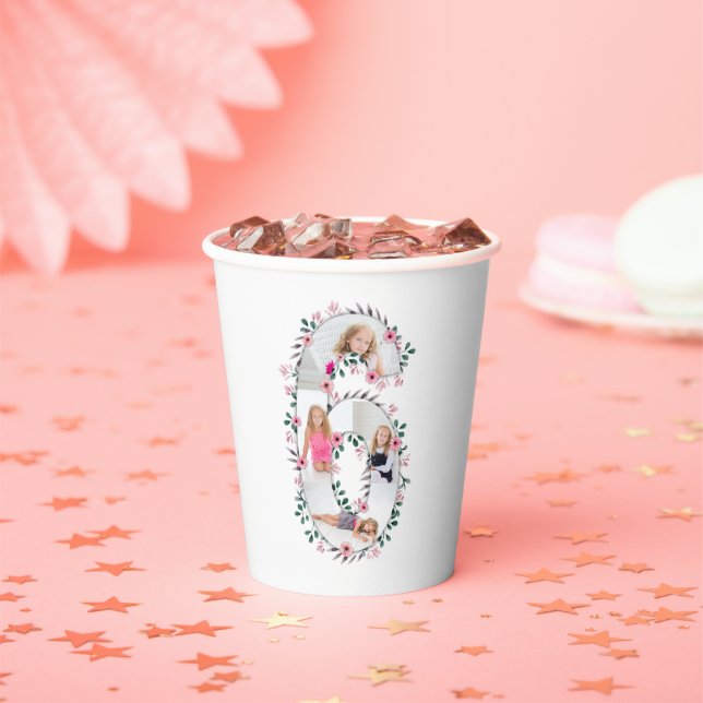 Big 6th Birthday Girl Foto Collage Pink Blume Pappbecher (Insitu)