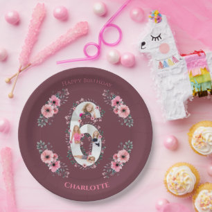 Big 6th Birthday Girl Foto Collage Pink Blume Pappteller