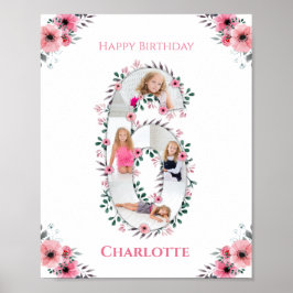 Big 6th Birthday Girl Foto Collage Pink Blume Poster