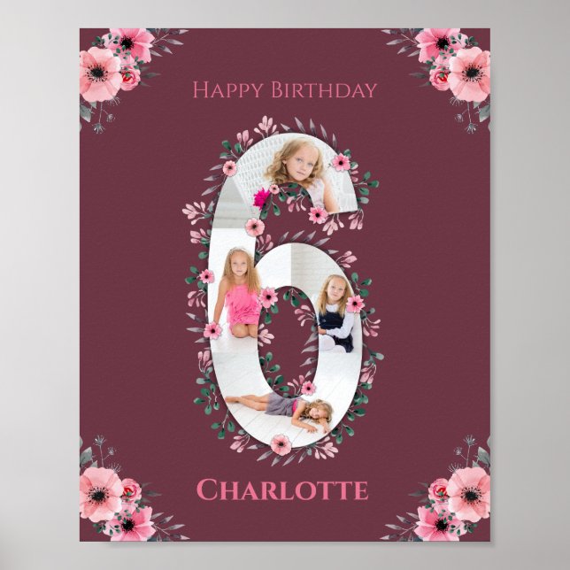 Big 6th Birthday Girl Foto Collage Pink Blume Poster (Vorne)