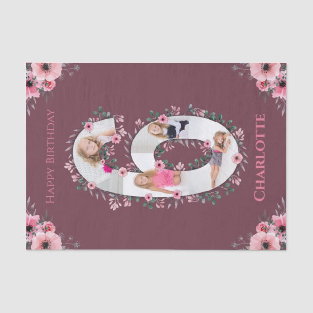 Big 6th Birthday Girl Foto Collage Pink Blume Seidenpapier (Vorderseite)