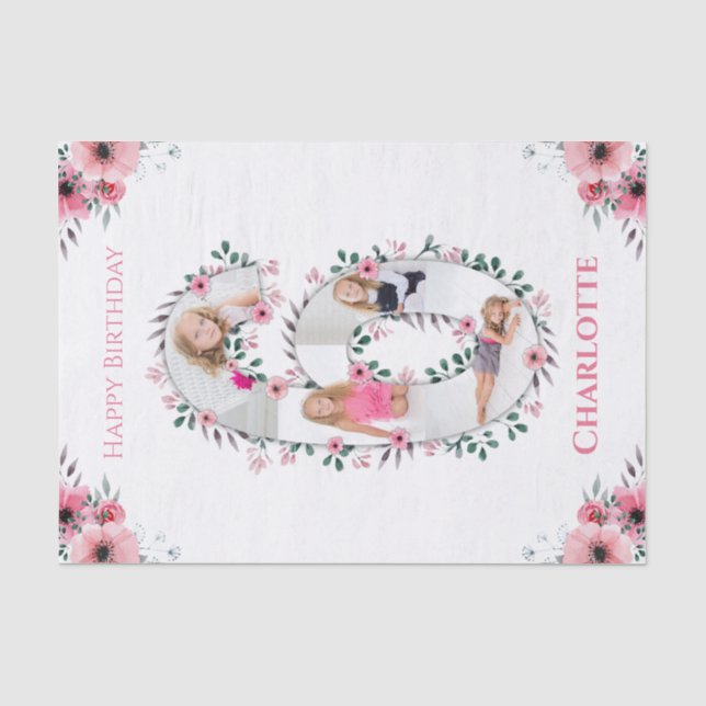 Big 6th Birthday Girl Foto Collage Pink Blume Seidenpapier (Vorderseite)