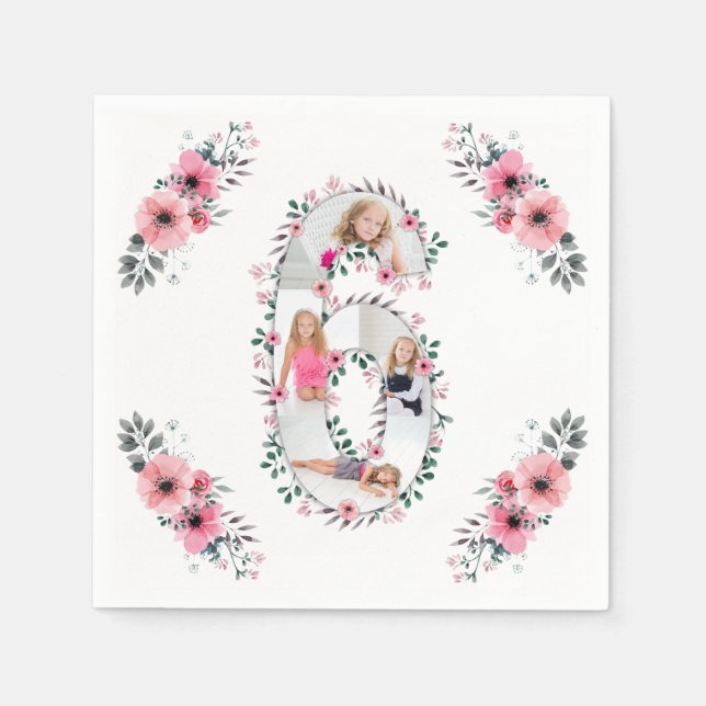 Big 6th Birthday Girl Foto Collage Pink Blume Serviette (Vorderseite)