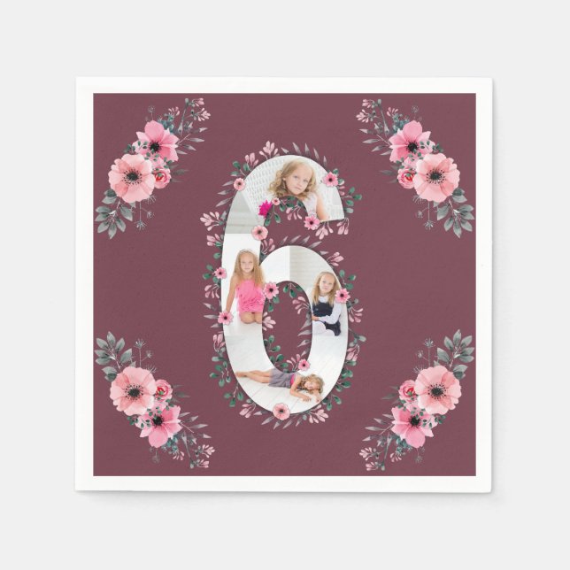 Big 6th Birthday Girl Foto Collage Pink Blume Serviette (Vorderseite)