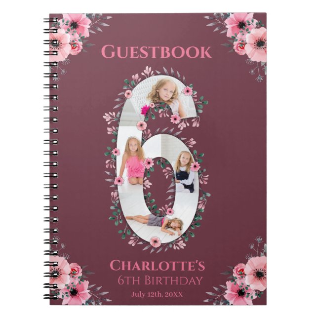 Big 6th Birthday Girl Foto Pink Blume Gästebuch Notizblock (Vorderseite)