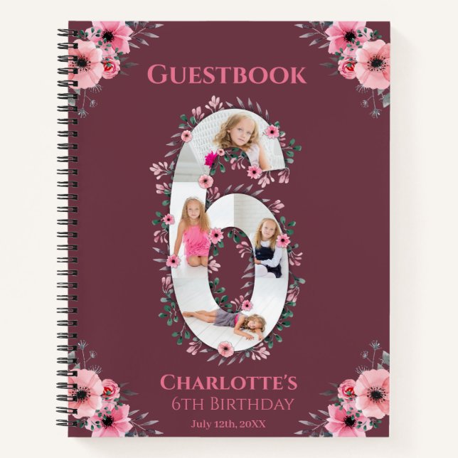 Big 6th Birthday Girl Foto Pink Blume Gästebuch Notizbuch (Vorderseite)
