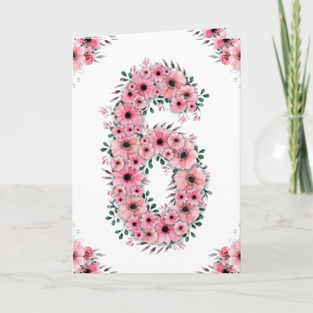 Big 6th Birthday Girl Pink Blume Green Folies Karte (Vorderseite)