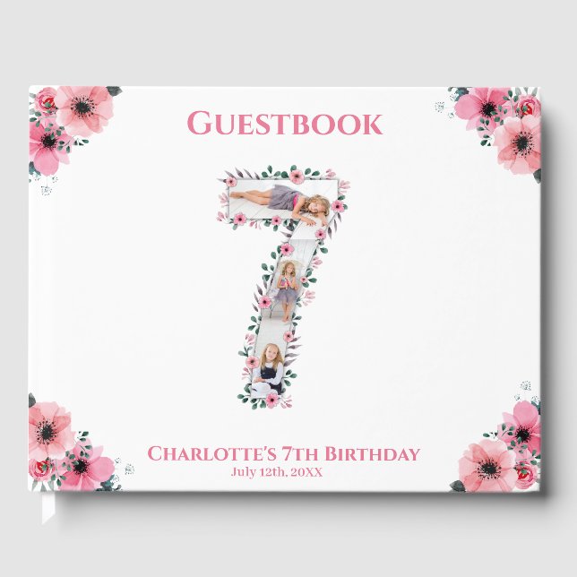Big 7th Birthday Foto Collage Flower Girl White Gästebuch (Vorderseite)