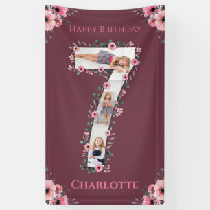 Big 7th Birthday Girl Foto Collage Pink Blume Banner