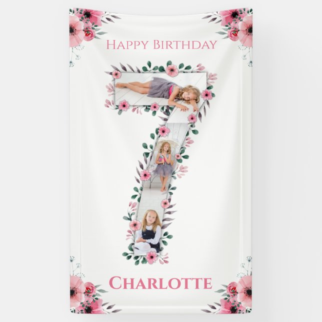 Big 7th Birthday Girl Foto Collage Pink Blume Banner (Vertikal)