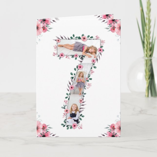Big 7th Birthday Girl Foto Collage Pink Blume Karte (Vorderseite)