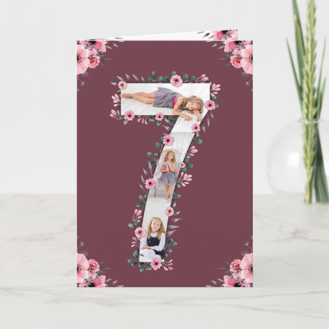 Big 7th Birthday Girl Foto Collage Pink Blume Karte (Vorderseite)