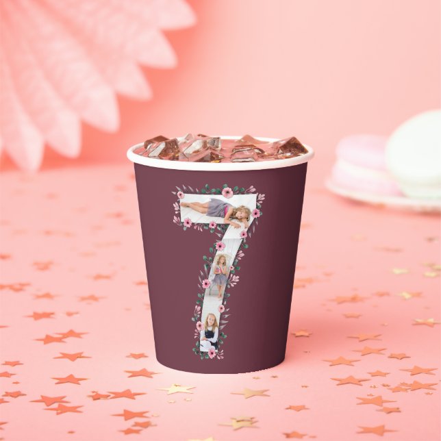 Big 7th Birthday Girl Foto Collage Pink Blume Pappbecher (Insitu)