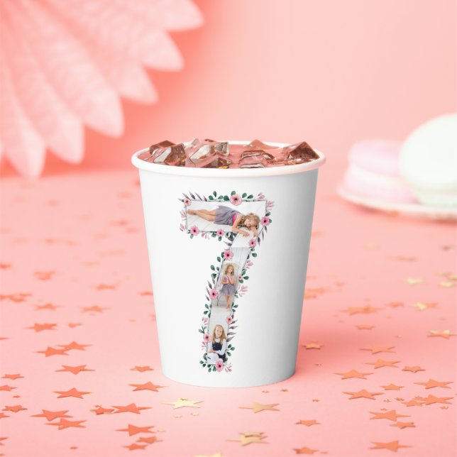 Big 7th Birthday Girl Foto Collage Pink Blume Pappbecher (Insitu)