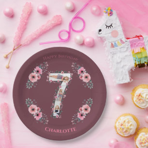 Big 7th Birthday Girl Foto Collage Pink Blume Pappteller