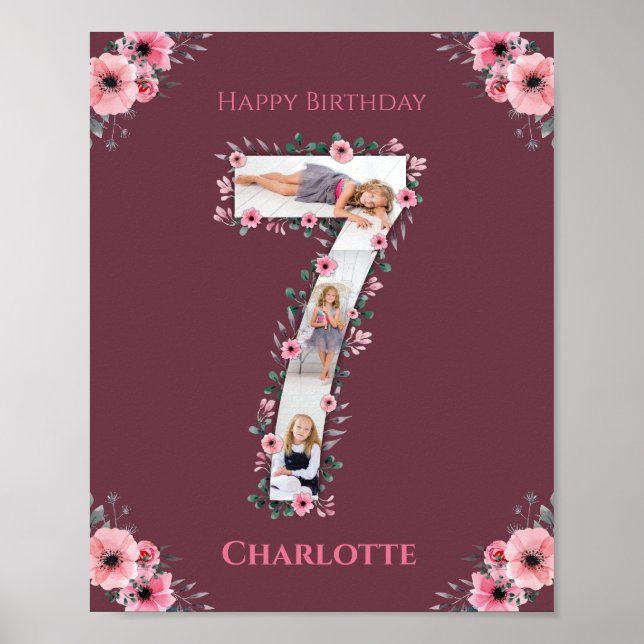 Big 7th Birthday Girl Foto Collage Pink Blume Poster (Vorne)
