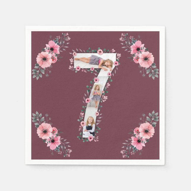 Big 7th Birthday Girl Foto Collage Pink Blume Serviette (Vorderseite)