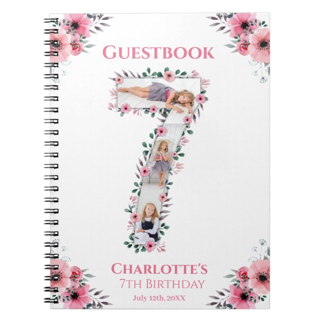 Big 7th Birthday Girl Foto Pink Blume Gästebuch Notizblock (Vorderseite)
