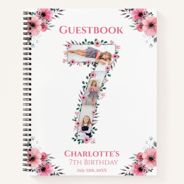 Big 7th Birthday Girl Foto Pink Blume Gästebuch Notizbuch (Vorderseite)