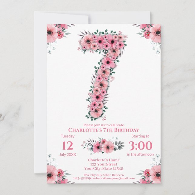 Big 7th Birthday Green Foliage Girl Pink Blume Einladung (Vorderseite)
